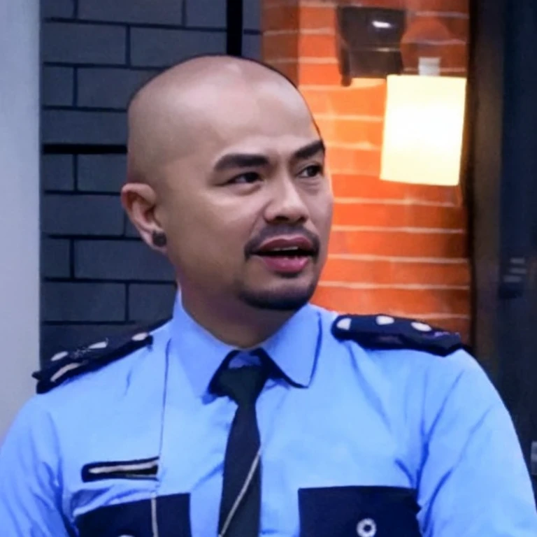 Full body full of 4D caricature of an indonesian bald man, round face, look at the camera, wearing a light blue shirt, a Chevron placed on each shoulder, there are two pockets on the shirt chest, wearing black long tie, black trousers, wearing loafers, grey background, 