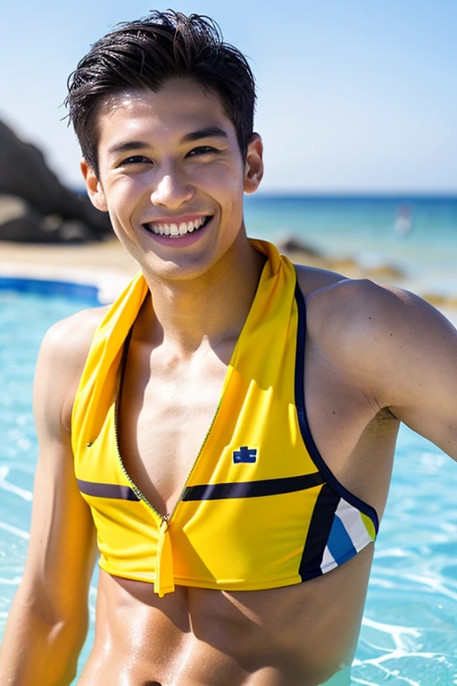 male Age 21 swimwear lifeguard topless smile