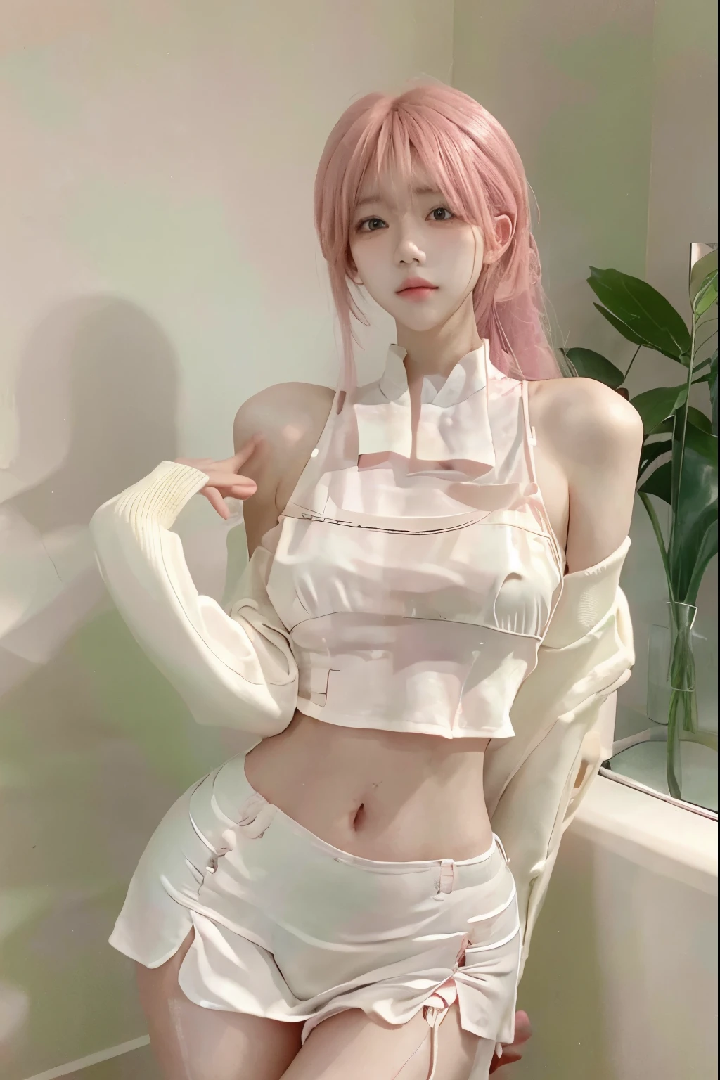Beautiful woman with perfect body:1.4,Layered Hairstyle,Prominent cleavage,Highly detailed face and skin textures,Double eyelids,Skin Whitening,Long hair,Whitened long legs,Pink hair,(Vest,miniskirt,Black pantyhose)standing in living room
