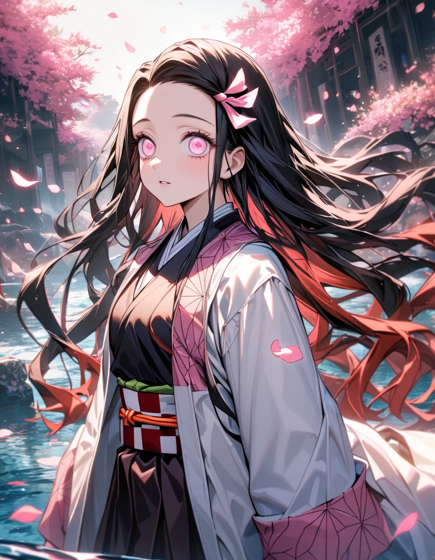Ultra detailed, Highres, absurdres, HDR, Kamado Nezuko, black long hair, expressive pink eyes, white long coat with patterns, Kimetsu No Yaiba, pink flowers, petals, extremely beautiful, woman, solo, very detailed eyes and face, water, pink butterflies, black t-shirt, master piece,