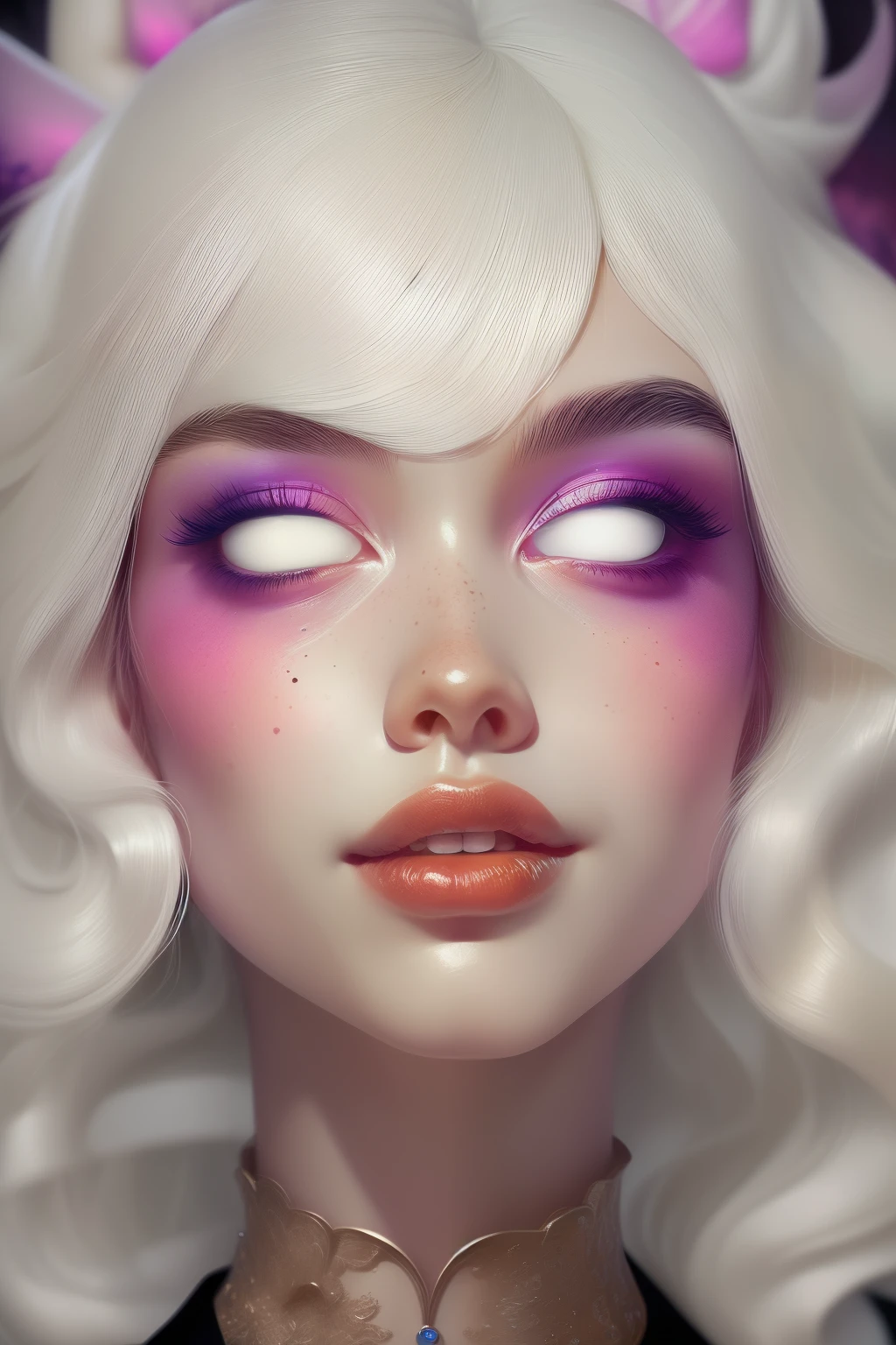 (This is a beautiful fantasy image that feels interesting.) Generate a pretty magical (((blind))) woman with colorful curly hair and milky white eyes. Her face is important should be perfectly formed with puffy lips and perfect features. (Her eyes are important and are blank white and solid white.) Her clothing is colorful and has all the colors of the rainbow, giving the appearance of a rainbow. Utilize dynamic composition to create a compelling and interesting image that appeals to viewers. She has an unmarked face. Use dramatic lighting and cinematic lighting to enhance the overall quality of the image. Fantasy, cute, colorful, compelling, energetic, (shirome eyes:1.3), (smirking), ((no pupils)), ((no irises)), ((((blank eyes, empty eyes)))), (perfectly rendered solid whiteeyes), ((normal neck)), (((short neck)))