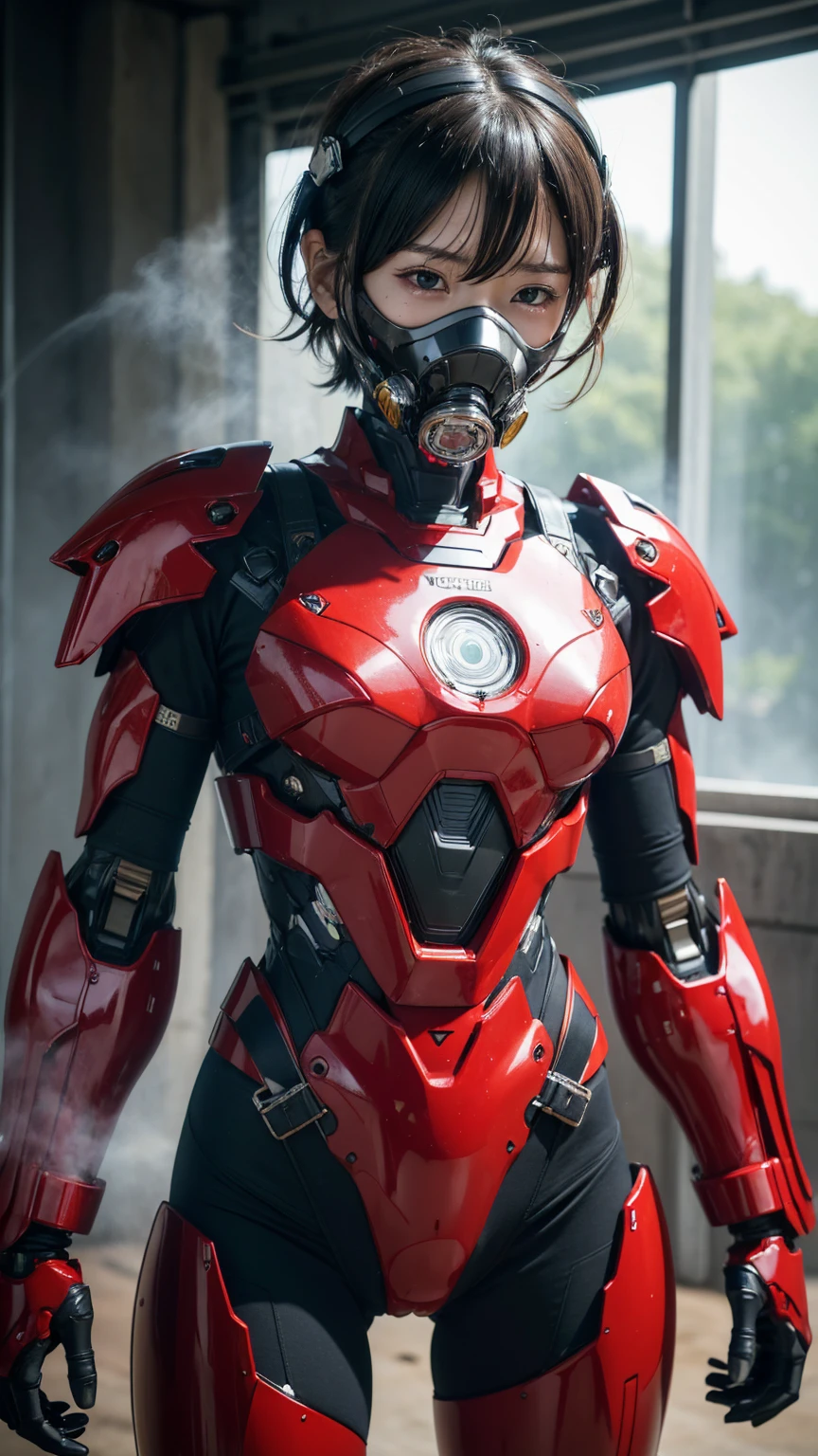 最high quality非常に詳細, Advanced Details, high quality, 最high quality, High resolution, 1080p, hard disk, beautiful,(War Machine),(headgear),See the big picture,beautifulサイボーグ女性,Shining Red Mecha Cyborg Girl,Battle Mode,Mecha Body Girl 8k bright red body armor Elementary school girl Sweaty face Cute girl short hair Gas mask with extension nozzle Very short boyish hair Steam coming from the head My hair is wet with sweat Black Hair, Steam coming out of the mouth Drooling from the mouth