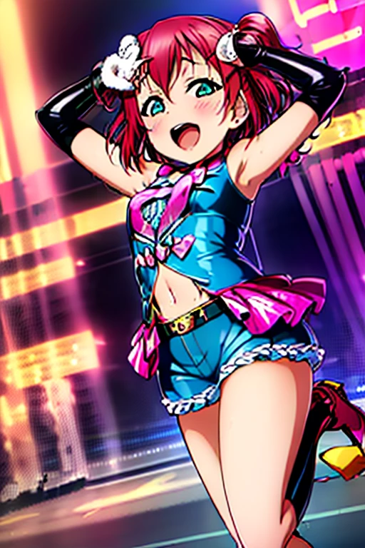 masterpiece, best quality, ultra-detailed, kawaii, cute, lovely, sexy, ero, extremely detailed, 4K, 8K, best quality, beautiful, anime style, laboratory, Kurosawa Ruby, love live!, beautiful eyes, large breast, tattoo, cool, leather jacket,naughty expression,denim shorts,spread legs,arms behind head,from below