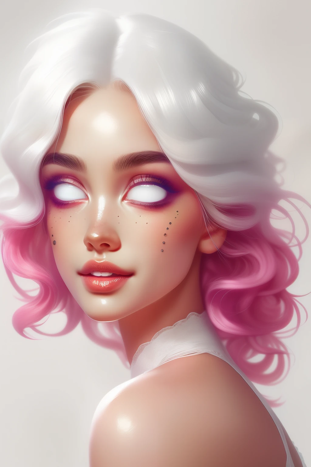 (This is a beautiful fantasy image that feels interesting.) Generate a pretty magical (((blind))) woman with colorful curly hair and milky white eyes. Her face is important should be perfectly formed with puffy lips and perfect features. (Her eyes are important and are blank white and solid white.) Her clothing is colorful and has all the colors of the rainbow, giving the appearance of a rainbow. Utilize dynamic composition to create a compelling and interesting image that appeals to viewers. She has an unmarked face. Use dramatic lighting and cinematic lighting to enhance the overall quality of the image. Fantasy, cute, colorful, compelling, energetic, (shirome eyes:1.3), (smirking), ((no pupils)), ((no irises)), ((((blank eyes, empty eyes)))), (perfectly rendered solid whiteeyes), ((normal neck)), (((short neck)))