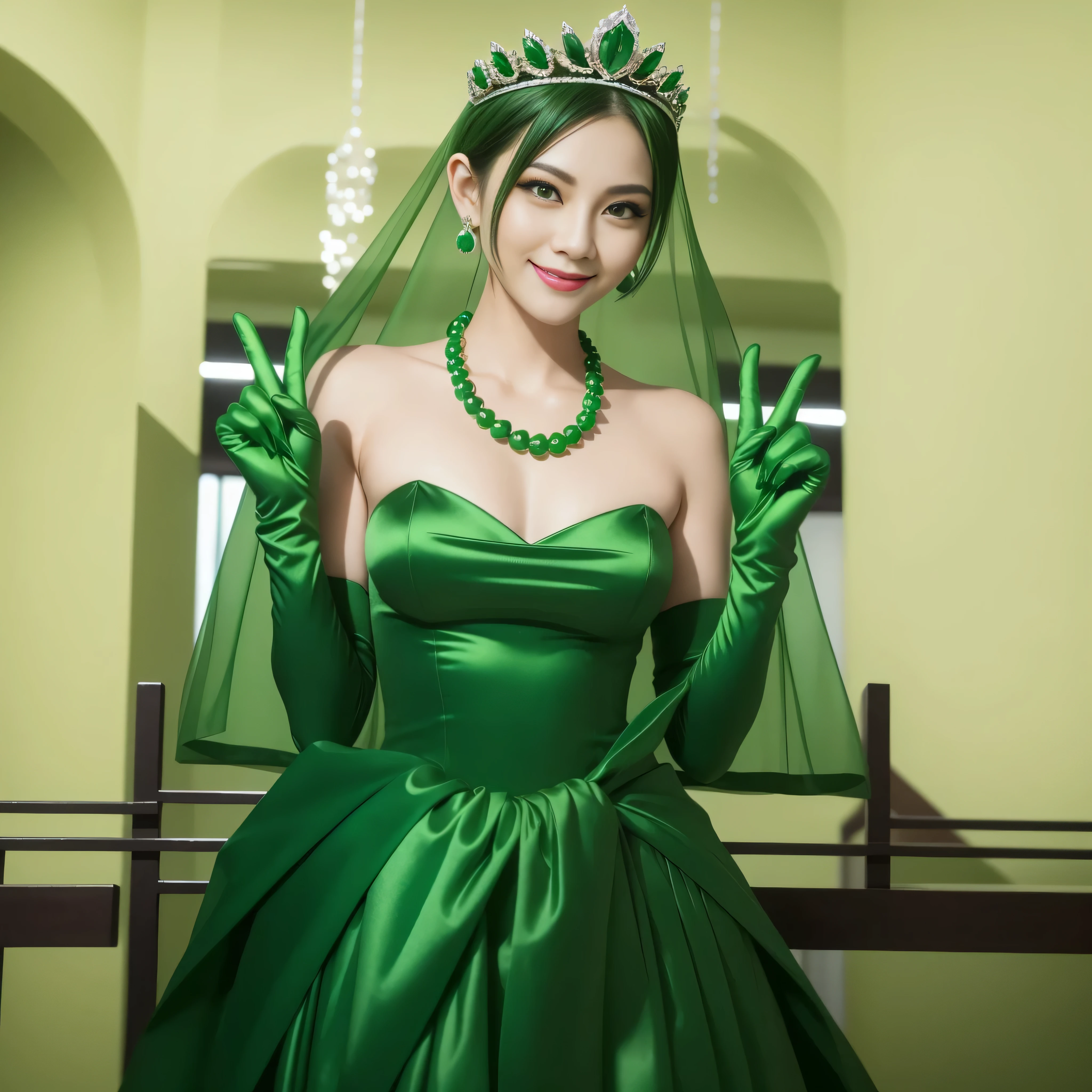 Emerald tiara, Green Pearl Necklace, Boyish very short green hair, lipstick, Smiling Japanese woman, Very short hair, Big and beautiful, Green Eyes, Long green satin gloves, Green Eyes, v sign, Emerald Earrings, Green veil
