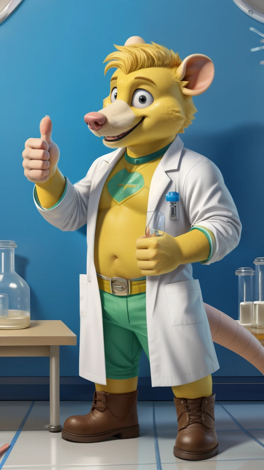 A gray opossum, chemistry lab coat, thumbs up, (vault boy style)