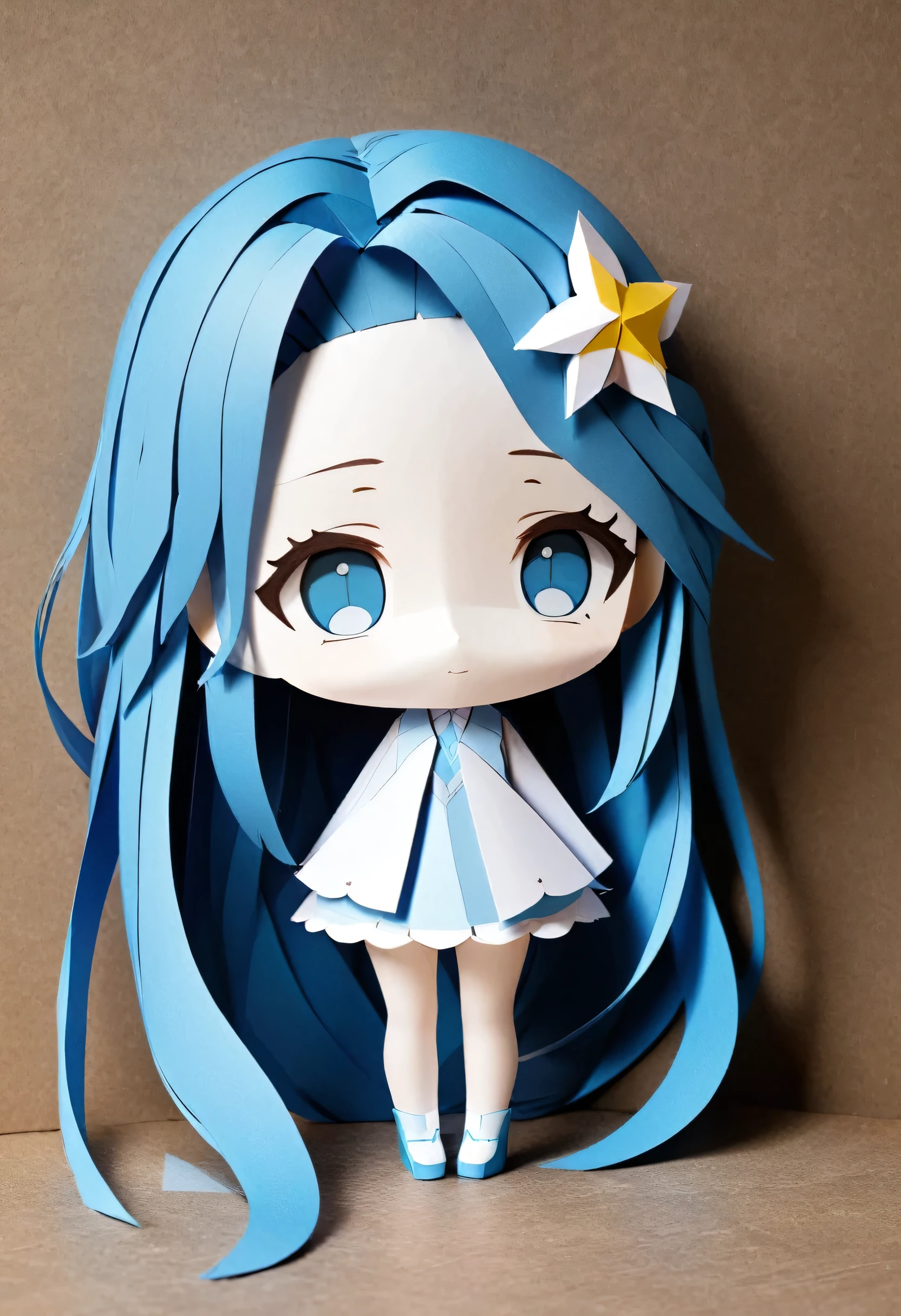 papercraft:1.4, a forehead:0.3 blue hair long hair lovely girl.
