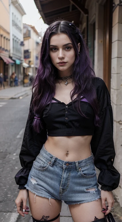 bonita, jovem, 22 anos, Cabelo absurdamente longos, cabelo pintado todo de roxo, goth woman, com roupas estilo de rock, usando luvas pretas, andando na cidade, apaixonada, realista