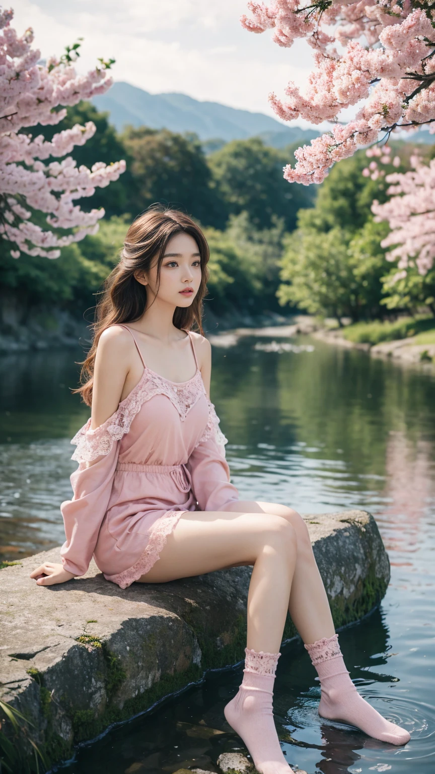 8k, Ultra HD, masterpiece, HD color, 1 girl, Perfect face, Very long curls, Delicate eyes, Simple clothes, ((Pink clothing)), Socks, ((Crisscross lace)), sardine, Shoulder Straps, Netsuit, ((Long loop)), jewelry, Waterside, Realistic scenery, Epic Landscapes, Sun rise, night, cloud, Butterfly, Cherry blossoms, Blowing, perfect posture,
