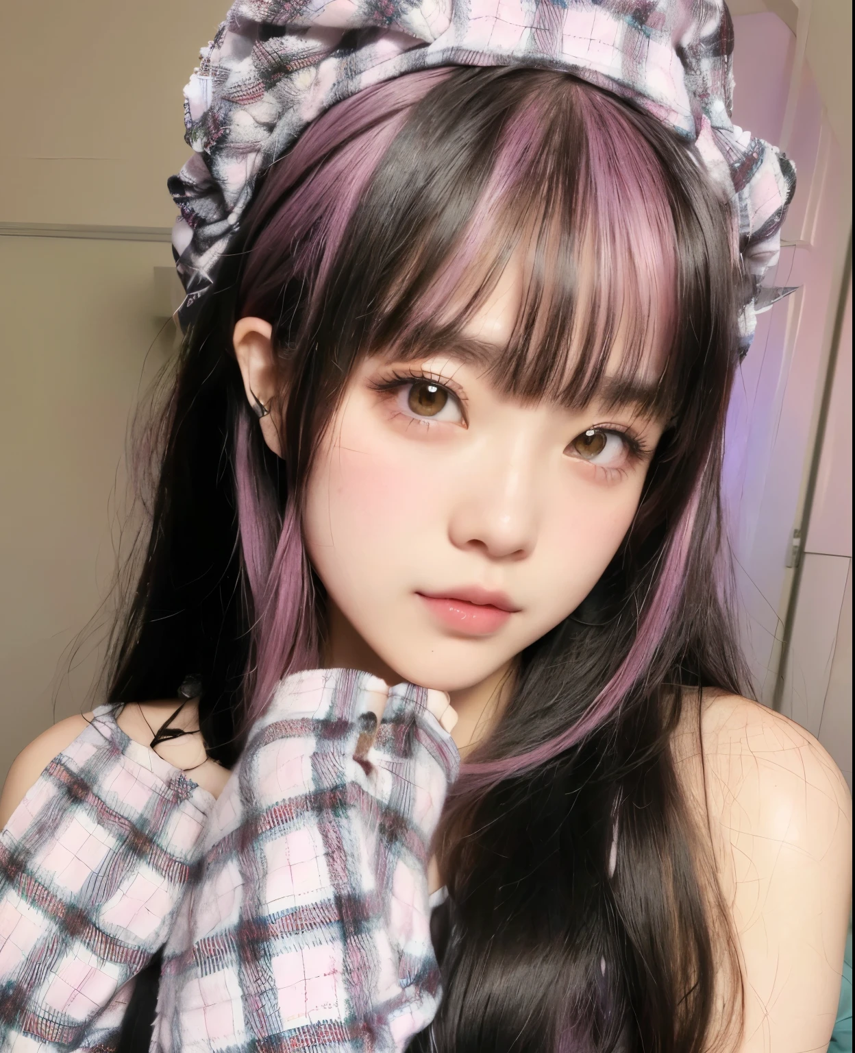 un primer plano de una persona con cabello largo y una camisa a cuadros, retrato realista kawaii, linda chica kawaii, ulzzang, peinado kawaii, peinado kawaii, linda cara de anime natural, muy hermosa linda catgirl, pale korean adorable face, maquillaje popular de corea del sur, bella delfina, kawaii aesthetic, cara de chica anime extremadamente linda, linda cara de anime, hada