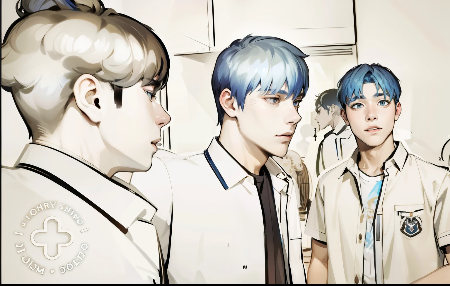 There are two 17-year-old boys with blue hair, they look at each other's faces, they are scared, worried.