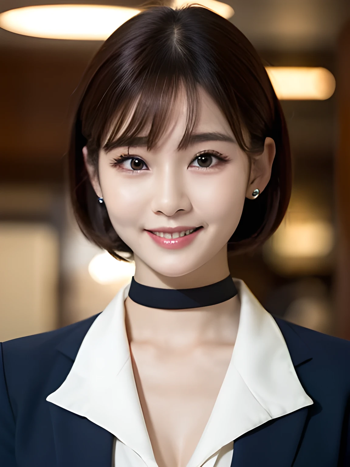 Tabletop, highest quality, Very detailed, finely, High resolution, 8k wallpaper, Perfect dynamic composition, Beautiful and beautiful eyes, Natural Lip,blazer , Dark blue business suit , Big Breasts, whole body, blue eyes , Black Choker , parlor , Natural Makeup, secretary , smile, Japanese women , bangs , Very long eyelashes、Straight Hair、Slim face、money、bill