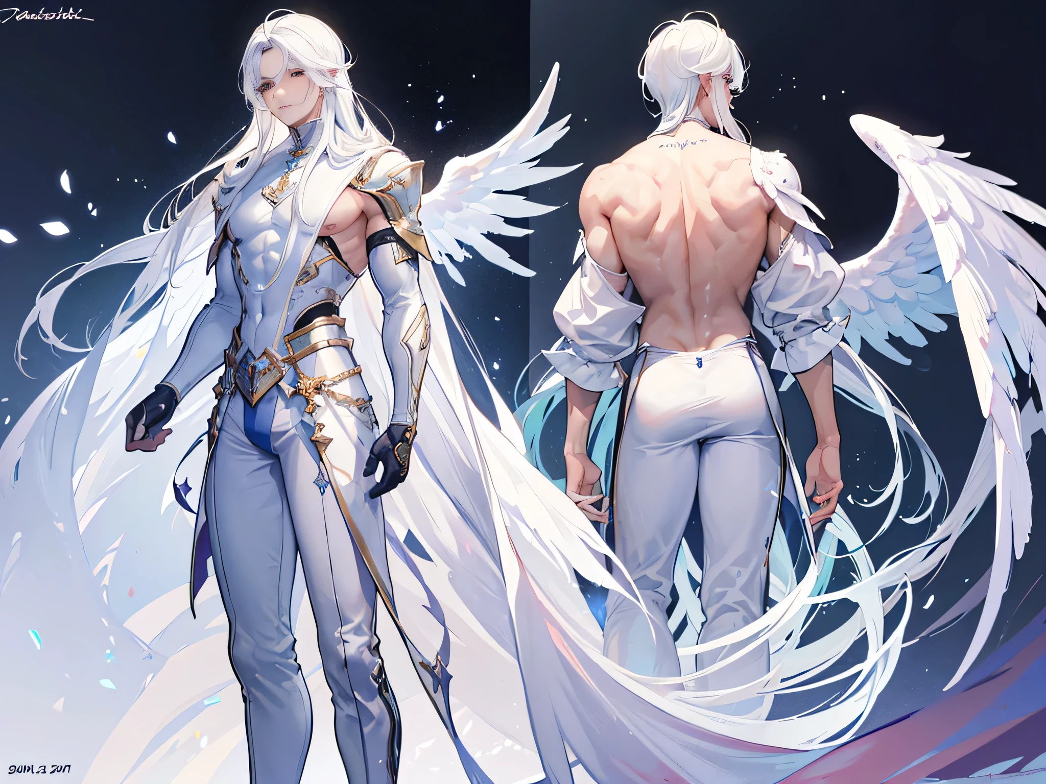 ((Masterpiece, Highest quality)), Male, boy, Detailed face, character design sheet， full bodyesbian, Full of details, frontal body view, back body view, Highly detailed, Depth, Many parts, angel wings, dark skin, white hair, angel outfit, Muscle boy with white hair，handsome man, male angel , man tall,