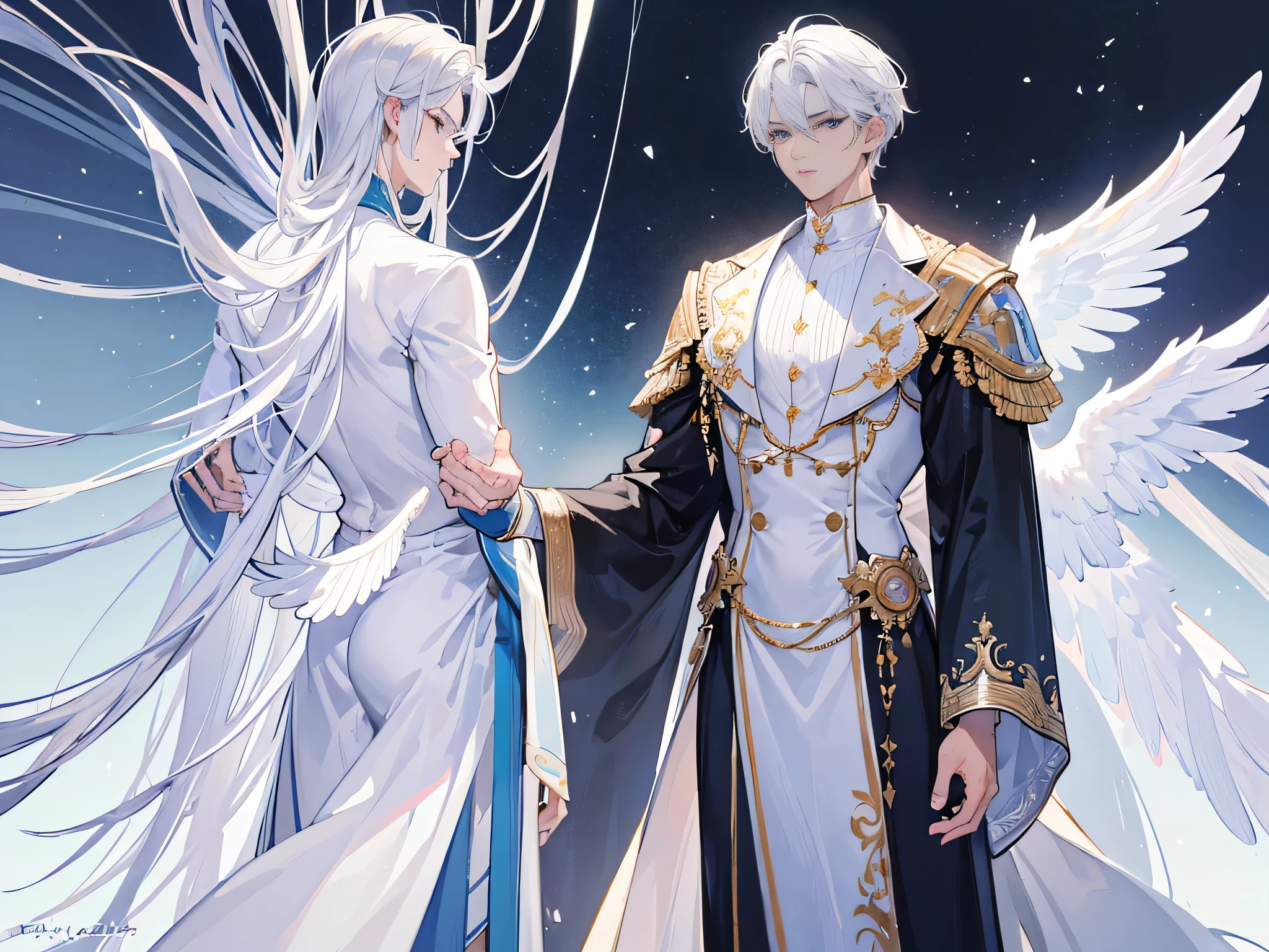 ((Masterpiece, Highest quality)), Male, boy, Detailed face, character design sheet, full bodyesbian, Full of details, frontal body view, back body view, Highly detailed, Depth, Many parts, angel wings, dark skin, white hair, angel outfit, Muscle boy with white hair,handsome man, male angel , man tall,