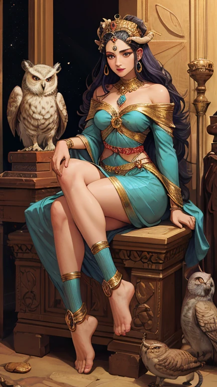 Arafed statue of a woman with bird feet and owl wings with a bird on her head, Deusa Inanna, sumerian Deusa Inanna ishtar, inanna, deusa feminina, goddess Hecate, pagan goddess, Deusa Antiga, a deusa Artemis sorrindo, Lilith, mitologia da deusa da terra, persephone as goddess of death, beautiful female gorgon, goddess ram with horns on her left side an owl and below her feet a lion on her right side an owl and at her feet a lion 