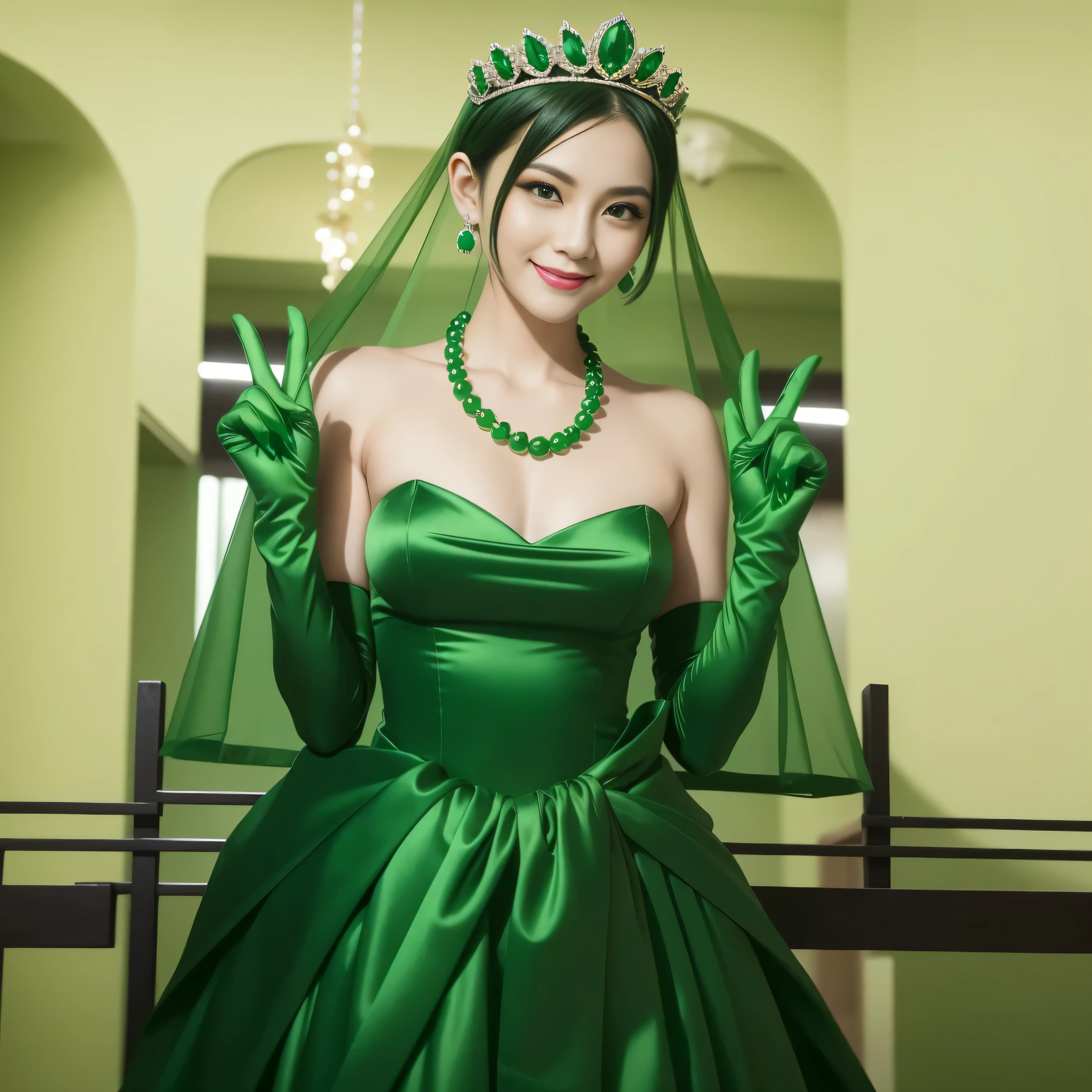 Emerald tiara, Green Pearl Necklace, Boyish very short green hair, lipstick, Smiling Japanese woman, Very short hair, Big and beautiful, Green Eyes, Long green satin gloves, Green Eyes, v sign, Emerald Earrings, Green veil