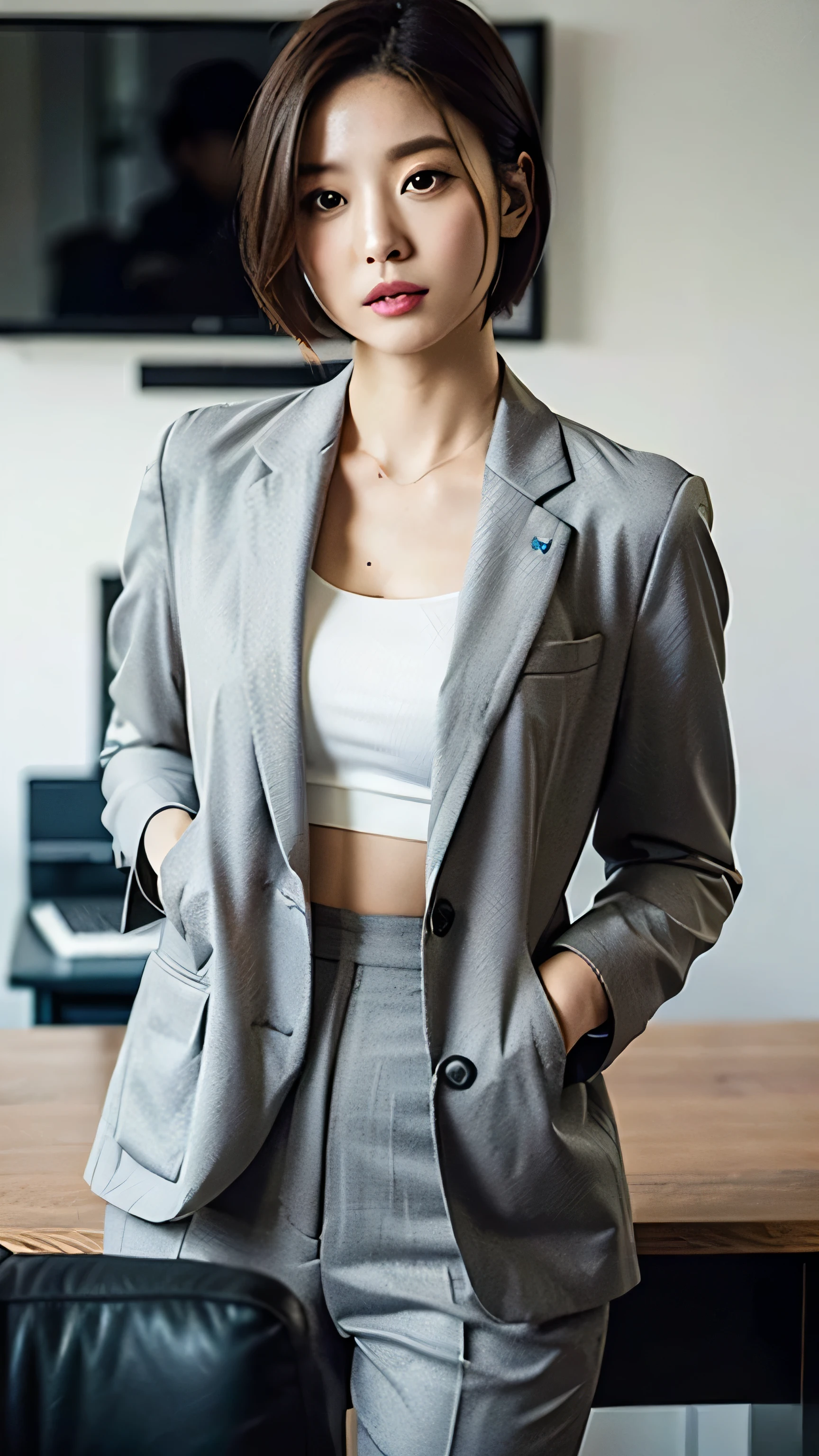 (Best Quality, 8k, 32k, Masterpiece, UHD: 1.2), 1 girl, beautiful Japan woman, thin waist, gray suit, open jacket, office lady, suit, pants, office, desk, fine face, short hair,