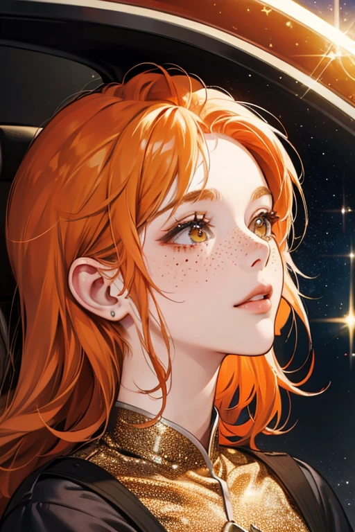 She has orange hair and freckles. SPARKLE; GLITTER