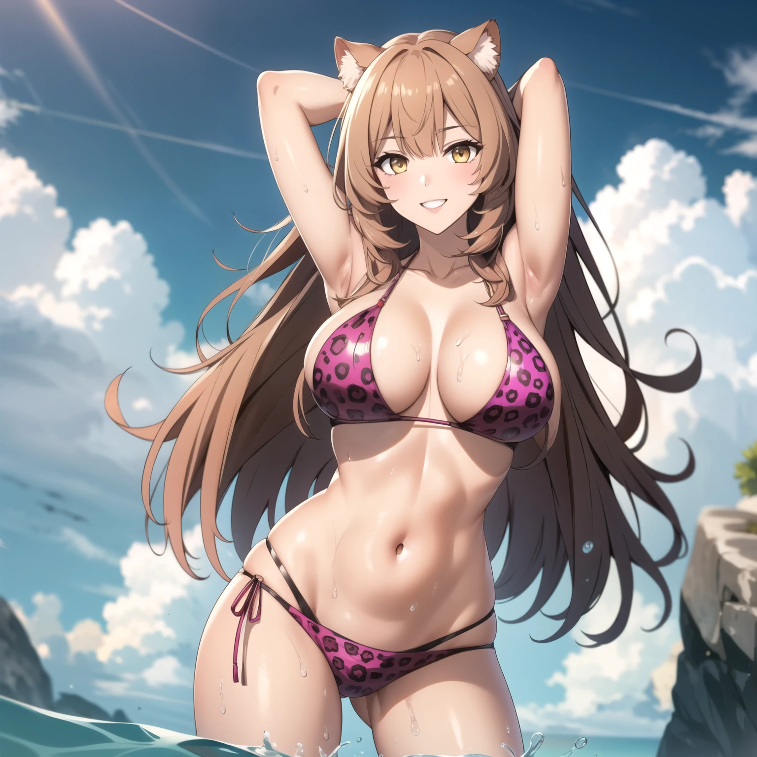 1 sola chica, Raphtalia. atractiva mujer. orejas de gato, cabello rubio-naranjo brillante, Amber yellow eyes, sonrisa juguetona mostrando los dientes, presumiendo su pecho, pale skin, pechos grandes, pink bikini with jaguar design. sexy, fondo una playa. mirada traviesa. gotas de agua en su pecho. hands behind head.
