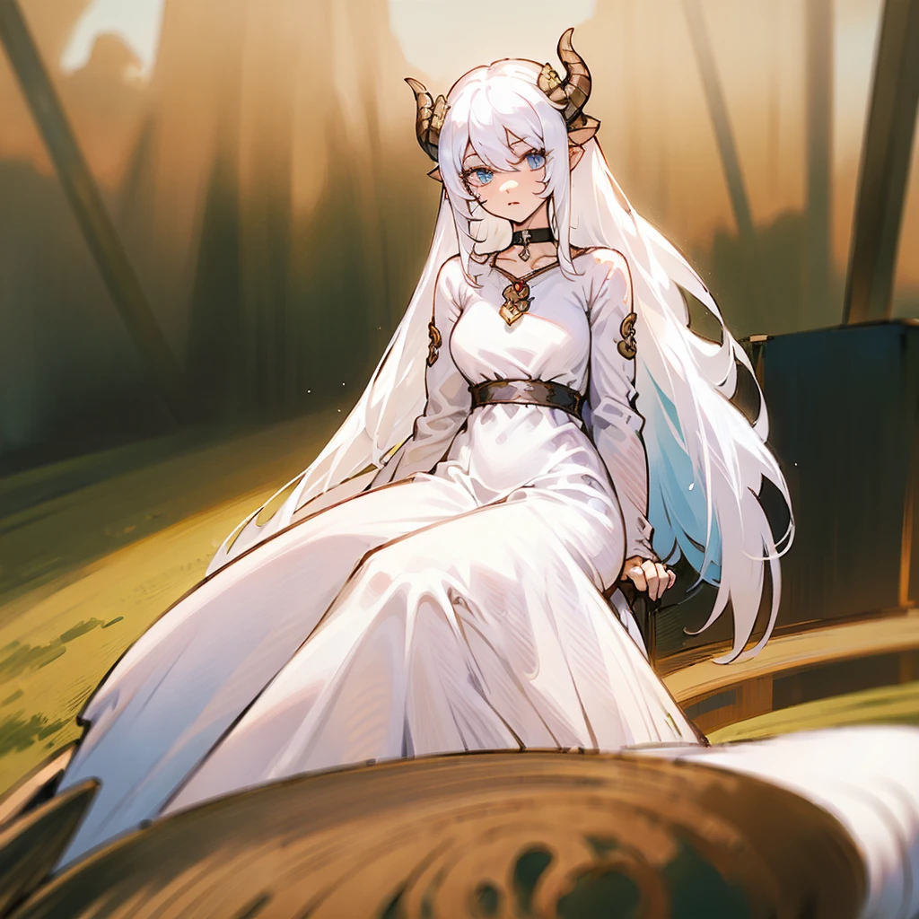 ((masterpiece)), ((bestquality)), (ultra-detailed), 1 girl, white hair, blue eyes, sitting in a pool, detailed face, dragonian_head, dragonian_body, dragonian_hairstyle, dragonian_horns, dragonian_tail, white long dress, black choker, silver circlet, grassland, clear line