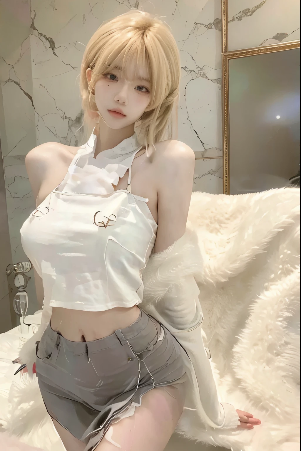 Beautiful woman with perfect body:1.4,Layered Hairstyle,Prominent cleavage,Highly detailed face and skin textures,Double eyelids,Skin Whitening,Long hair,Whitened long legs,blond,(bra,miniskirt,Black pantyhose)standing in living room
