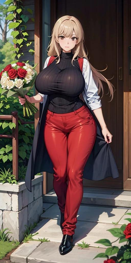 akari watanabe FEMALE, big breasts, voluminous breasts, curvy breasts, mesh stockings, standing with a bouquet (red roses), full height, bottom view, best quality, very detailed, ultra 8k resolution, huge breast, coat, vest, long skirt, portrait, full body, victorias clothing, long dress, knight, pants, black skinn suit, medieval city, plants, vest,polo shirt, forest, long skirt