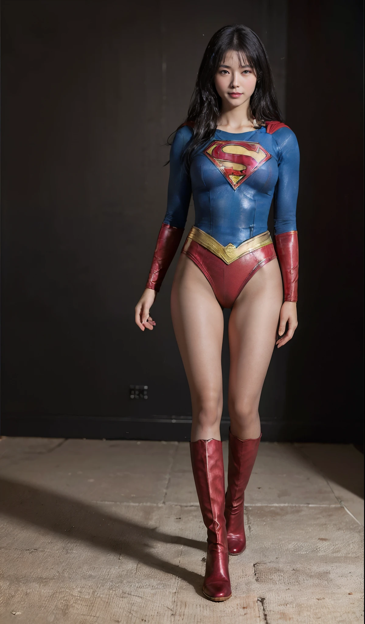 No background、(((Beautiful legs in black tights.)))、(((Legally express the beauty of your smile)))、((((Make the most of your original images)))、(((Supergirl Costume)))、(((ボディにフィットしたSupergirl Costume)))、(((Beautiful Hair)))、(((Smiles and winks)))、(((Please wear black tights....、Wear red boots)))、((Best image quality、8k))、((highest quality、8k、masterpiece:1.3))、(((Preserve background )))、Sharp focus:1.2、Beautiful woman with perfect figure:1.4、Slim Abs:1.2、Wet body:1.5、Highly detailed face and skin texture、8k