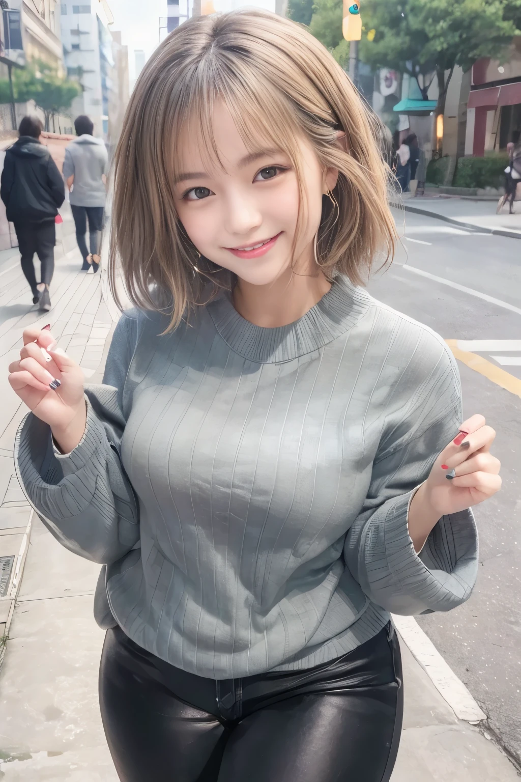 highest quality, masterpiece, Ultra-high resolution, (Reality: 1.4), Original photo, One girl, mature, happy smile, short hair, plump body, , Cinema Lighting, from below,