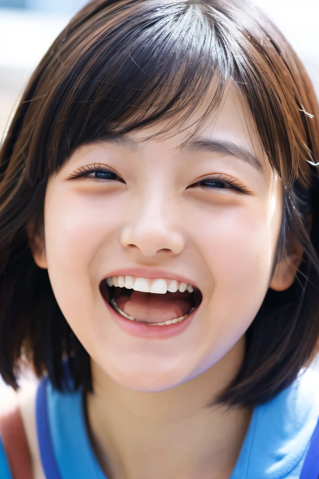 A front view of a 25-year-old Japanese woman with a round face, narrow eyes, and short hair laughing with her mouth wide open