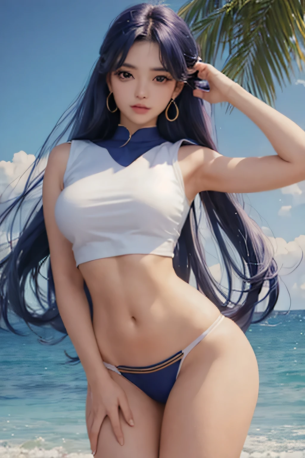 Hermosa mujer en estilo sailor moon, viste una tanga fina y un croptop con un escote grande, luce fuerte y sexy, una mujer con belleza inigualable