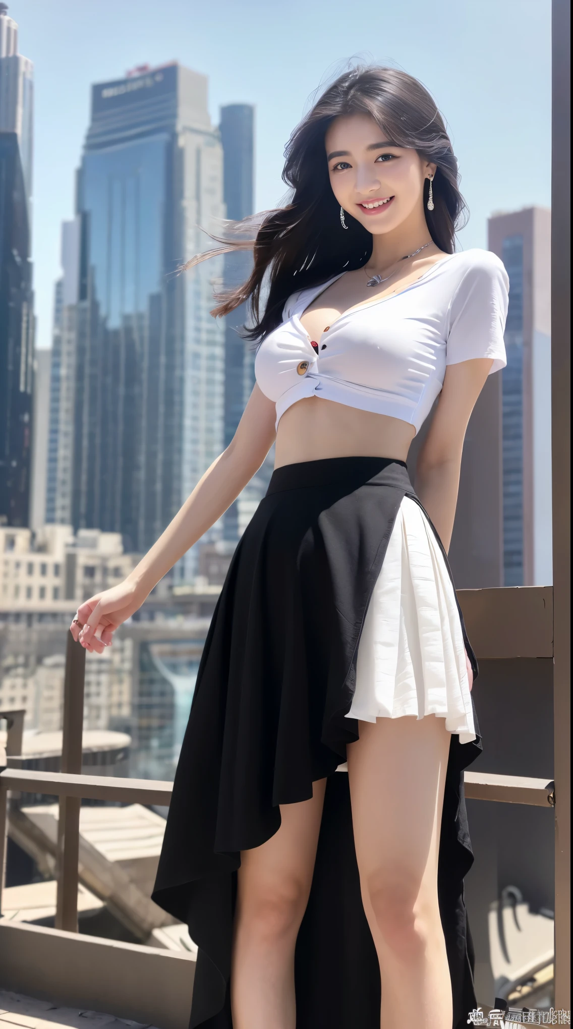 (8k、RAW Photos、highest quality、masterpiece:1.2)、(Realistic、Realistic)、1 girl、((Black y-shirt、White flared skirt、In the city、Exposing the belly button))、Lots of eyelashes、Add shine to your eyelids、skeletally correct、Beautifully trimmed fingertips、smile、Exposing breasts