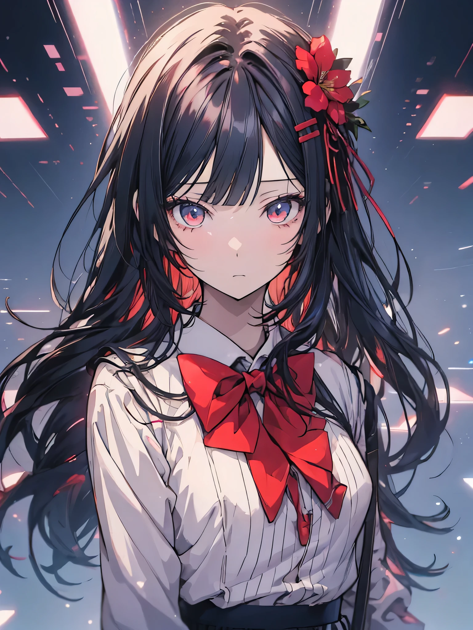 (((White color background))),
School_uniform,Red bow tie,White shirt,Blue Sweater Vest,Pleats_skirt,
flower hair clip, hair flower, hair ornament, 
Red eye,Front hair, black_hair, length_hair,
1 girl, 20 years,young woman,beautiful Finger,beautiful length legs,beautiful body,
beautiful Nose,beautiful character design, perfect eye, perfect face,expressive eye,Perfect balance,
View your viewers,(Focus on her face),Mouth closed, (Innocent_big_eye:1.0),(Light_笑face:0.3),
Official Art,Very detailed CG Unity 8k wallpaper, Perfect lighting,colorful, bright_front_face_Lighting,White skin,
(masterpiece:1.0),(Highest_quality:1.0), 超High resolution,4K,Very detailed,
photograph, 8k, High resolution, High resolution, Absurd:1.2, Kodak Portrait 400, Film Grain, Blurred Background, Bokeh:1.2, Lens flare, (Vibrant_color:1.2),Professional Photograph,
(beautiful,big_chest:1.4), (beautiful_face:1.5),(narrow_Waist),