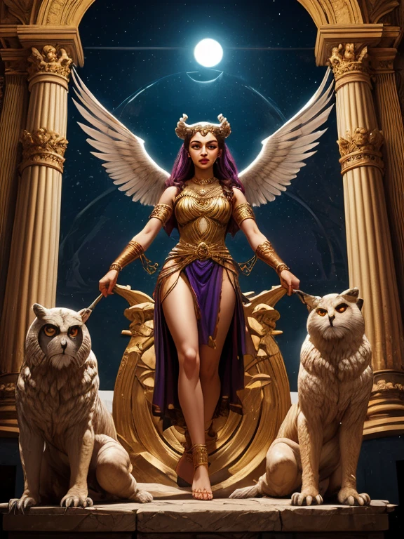 Arafed statue of a woman with bird feet and owl wings with a bird on her head, Deusa Inanna, sumerian Deusa Inanna ishtar, inanna, deusa feminina, goddess Hecate, pagan goddess, Deusa Antiga, a deusa Artemis sorrindo, Lilith, mitologia da deusa da terra, persephone as goddess of death, beautiful female gorgon, goddess ram with horns on her left side an owl and below her feet a lion on her right side an owl and at her feet a lion