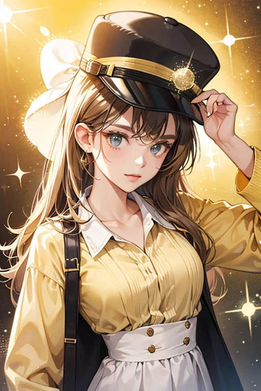 she wears a posh shirt, hat and sunglasses. she can be seen as either an entirely yellow or a brown . SPARKLE; GLITTER