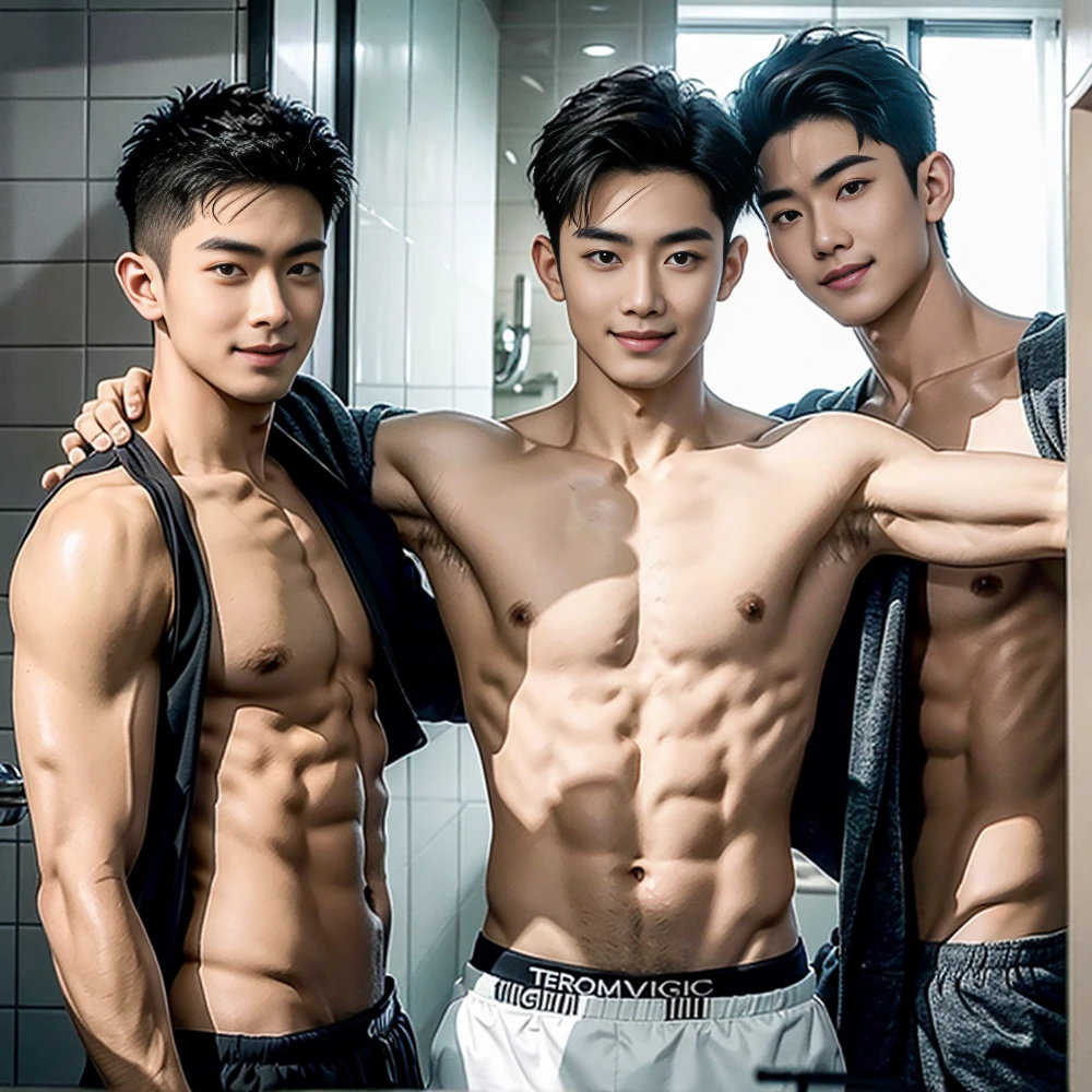 Best quality, High quality, A high resolution, 4K, Masterpiece, detailed face, detailed eyes, asian three man photo, young male, perfect face, perfect bodies, handsome, full body, take off clothes, smile, bathroom