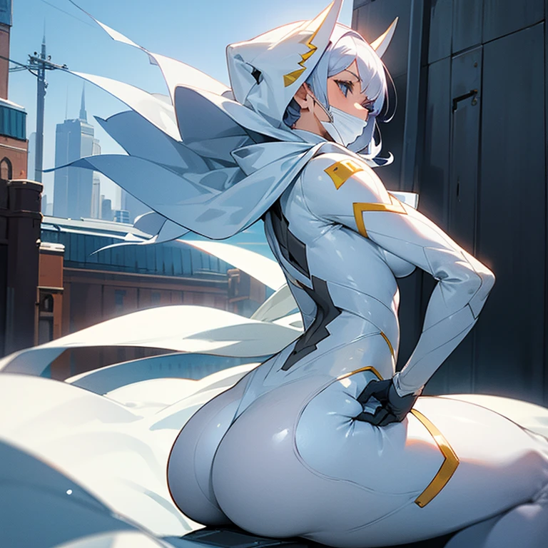 A woman facing backwards on top of a building. She wears a white suit with a raised hood and a white mask, the suit hugs her thick, smooth thighs. 