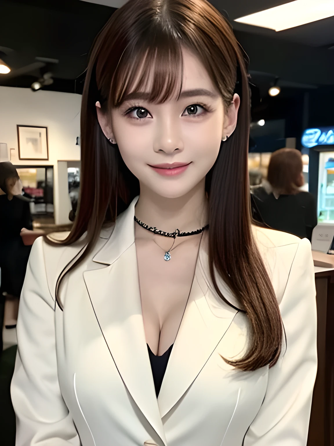 Tabletop, highest quality, Very detailed, finely, High resolution, 8k wallpaper, Perfect dynamic composition, Beautiful and beautiful eyes,  Natural Lip,blazer , Dark blue business suit , Big Breasts, whole body, blue eyes , Black Choker , parlor , Natural Makeup, secretary , smile, Japanese women  , bangs , Very long eyelashes、Straight Hair、Slim face、Balanced Eyes