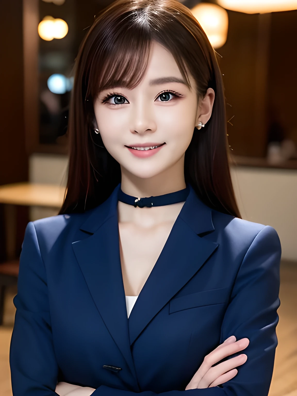 Tabletop, highest quality, Very detailed, finely, High resolution, 8k wallpaper, Perfect dynamic composition, Beautiful and beautiful eyes,  Natural Lip,blazer , Dark blue business suit , Big Breasts, whole body, blue eyes , Black Choker , parlor , Natural Makeup, secretary , smile, Japanese women  , bangs , Very long eyelashes、Straight Hair、Slim face、Balanced Eyes