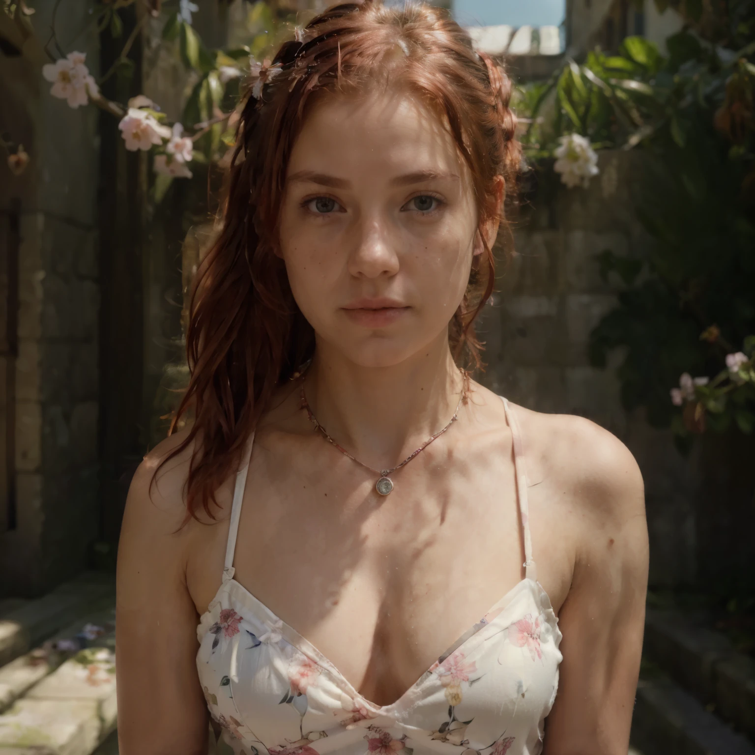 a high resolution, masterpiece, Ideal lighting, blossom, cinematic lighting, adult, female, perfect skin, I look at the viewer, upper body, clavicle, Wavy hair, necklace, suspender, floral print, ponytail, freckles, Red hair, Sun Ray, central hole, life, split, without sleeves