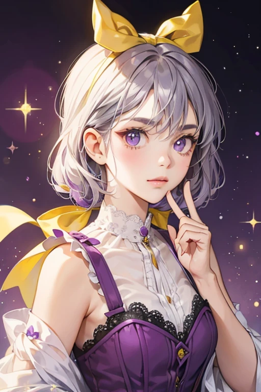 Amelie is a gray and purple girl hamster with yellow bows. SPARKLE; GLITTER