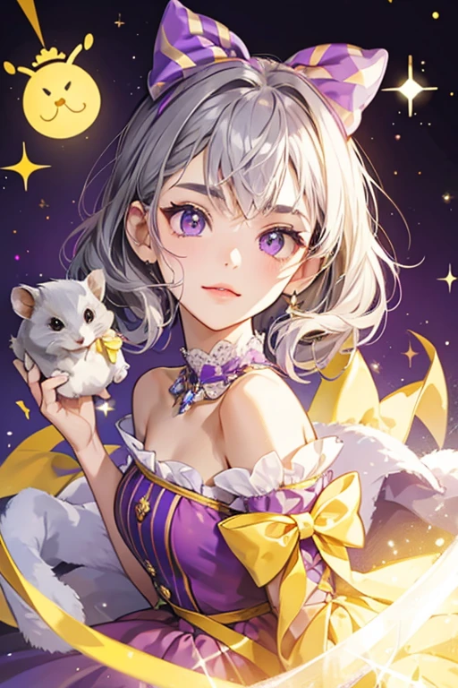 Amelie is a gray and purple girl hamster with yellow bows. SPARKLE; GLITTER