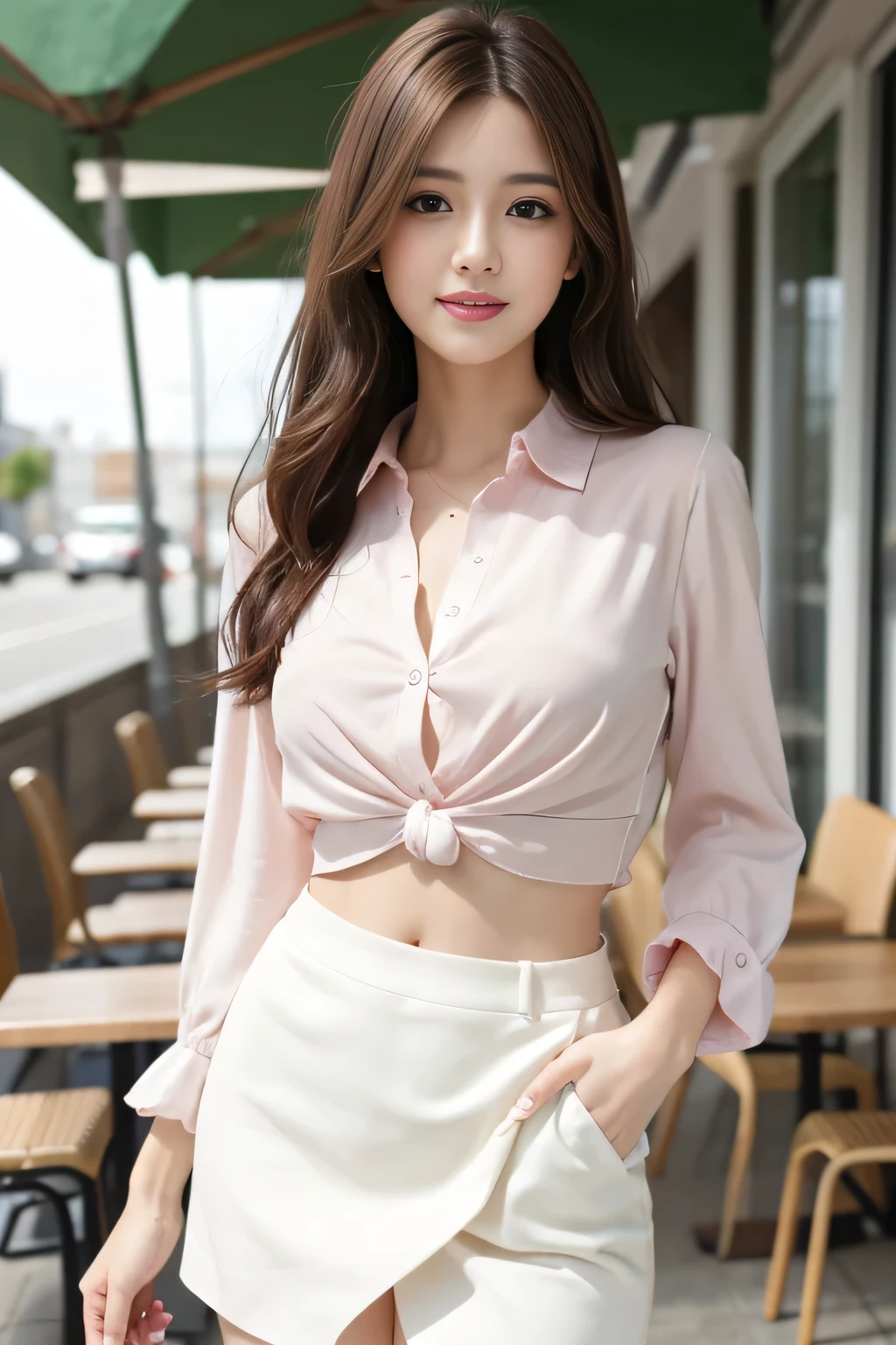 highest quality, Realistically, Very detailed, More about pubic hair, High resolution, 8k wallpaper, One beautiful woman, Pink wet lips, Light brown messy hair, Wearing a suit, shirt, White Skirt, Lock focus, Perfect dynamic composition, Beautiful Eyes, Delicate Hair, Detailed Realistically skin texture, smile, Close-up portrait, Model Body Type, On the open terrace of the cafe, Blurred Background, (Full Body Shot), Take photos from a distance, Random body orientation,