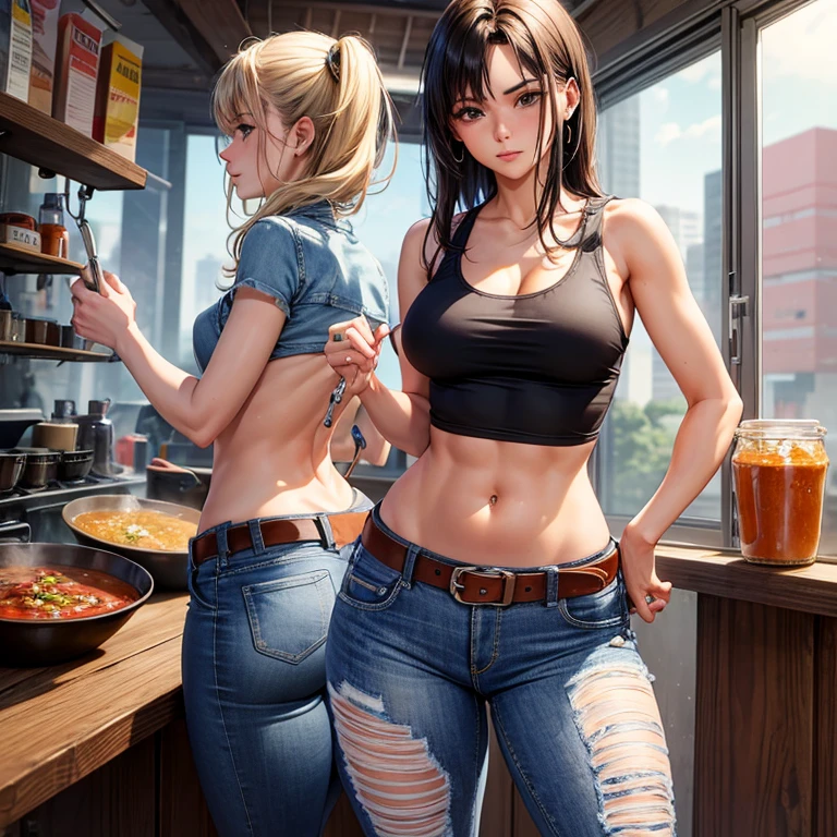 A woman in a tank top and full-zip low-rise jeans making salsa sauce at a taco stand Jeans have belts Belly button piercing There are side slits Big butt Detail the buttocks Detailing the groin area