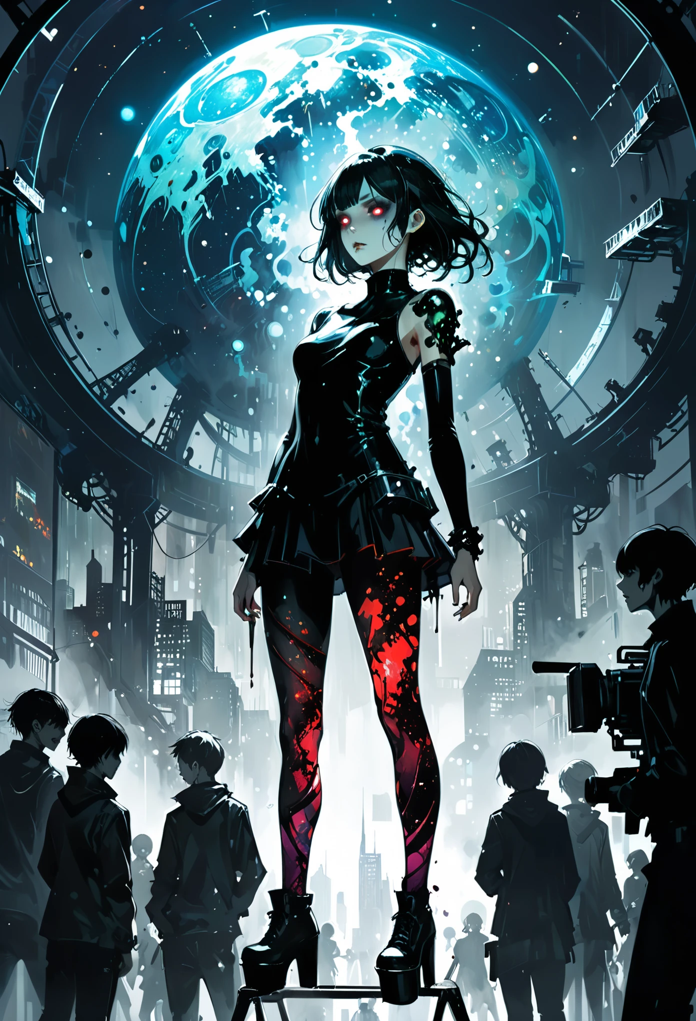 in style of Ashley Wood,ladder,platform,celestial body,multiple characters,different characters,character design,multiple people,boys vs. girls,horror blood,death signs,very detailed,more details,smooth and fluid strokes,shiny neon mandelbrot tights,urban skyline,planetarium,dynamic poses,solo focus