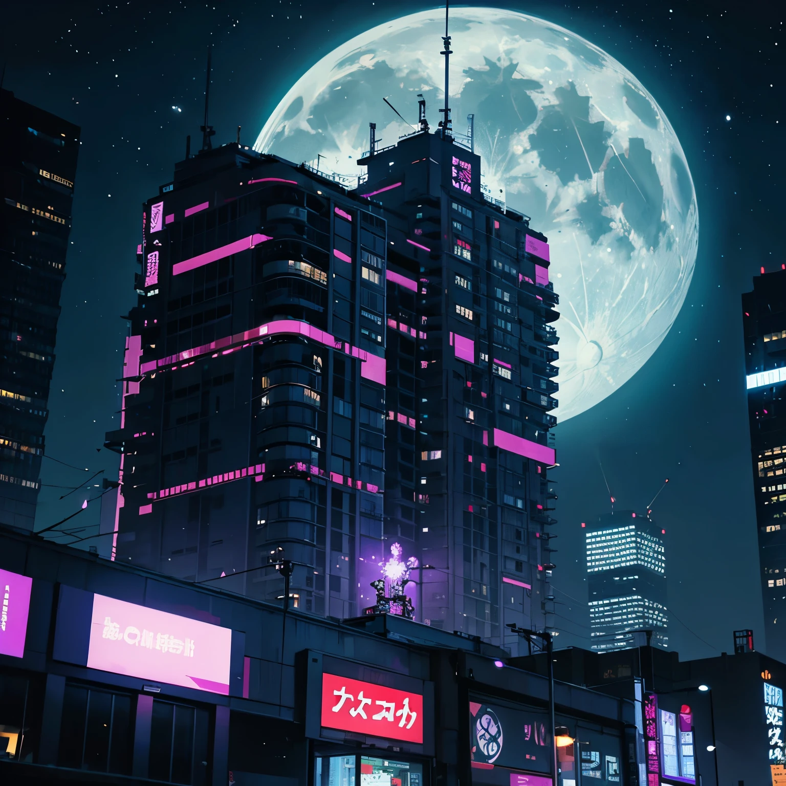 Near future city night Very detailed Buildings night空に惑星が見える Flowers are blooming on the building Big Moon cyber punk