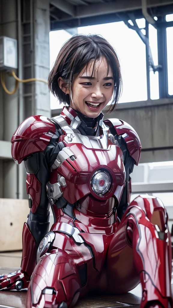 最high quality　8k Iron Man Suit Girl、、、 girls、　Hyperrealism, Super Detail, high quality, Anatomically correct, 16k, High resolution, Textured skin、short hair、boyish、、Sweaty、Red and Black　Spread your legs wide　I can see the vagina　Sitting with legs crossed　short hair　Black Hair　Drooling from the mouth　look up　profile　Sweat dripping　combustion　Smiling face　Soaking wet　Steam coming out of the head