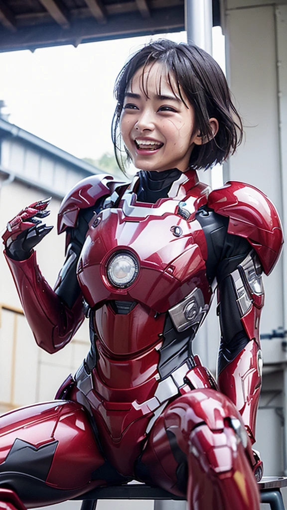 最high quality　8k Iron Man Suit Girl、、、 girls、　Hyperrealism, Super Detail, high quality, Anatomically correct, 16k, High resolution, Textured skin、short hair、boyish、、Sweaty、Red and Black　Spread your legs wide　I can see the vagina　Sitting with legs crossed　short hair　Black Hair　Drooling from the mouth　look up　profile　Sweat dripping　combustion　Smiling face　Soaking wet　Steam coming out of the head