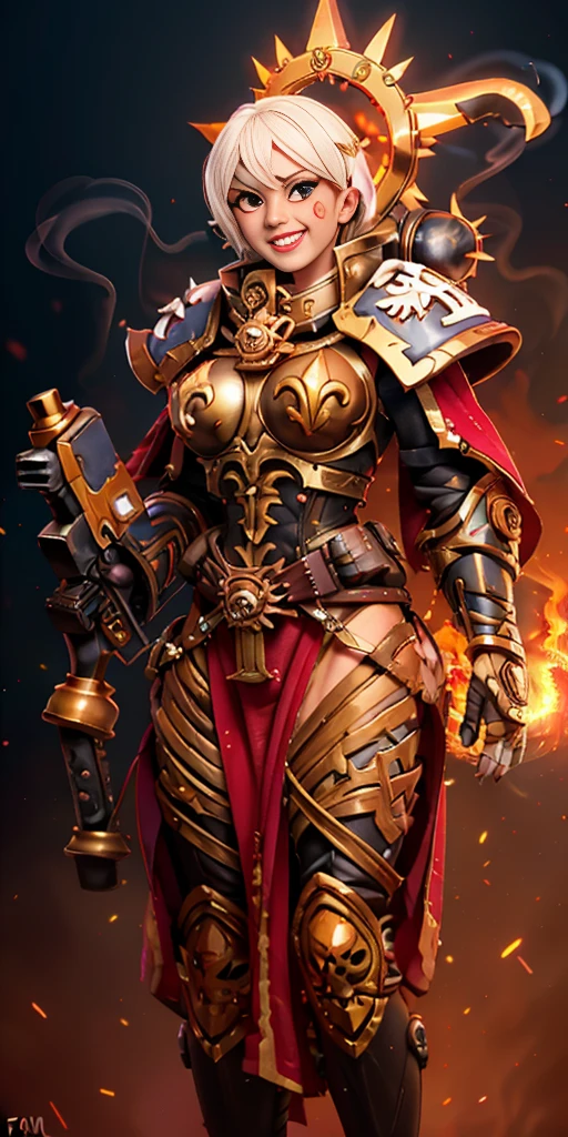 Hdr, (Photo brute, hyperdetailed:1.15), (couleur chaude:1.2),
1fille, (fond blanc, sourire diabolique:1.45), Fire & Smoke, Polished gold-plated metal, Warhammer 40k,
holding gun,