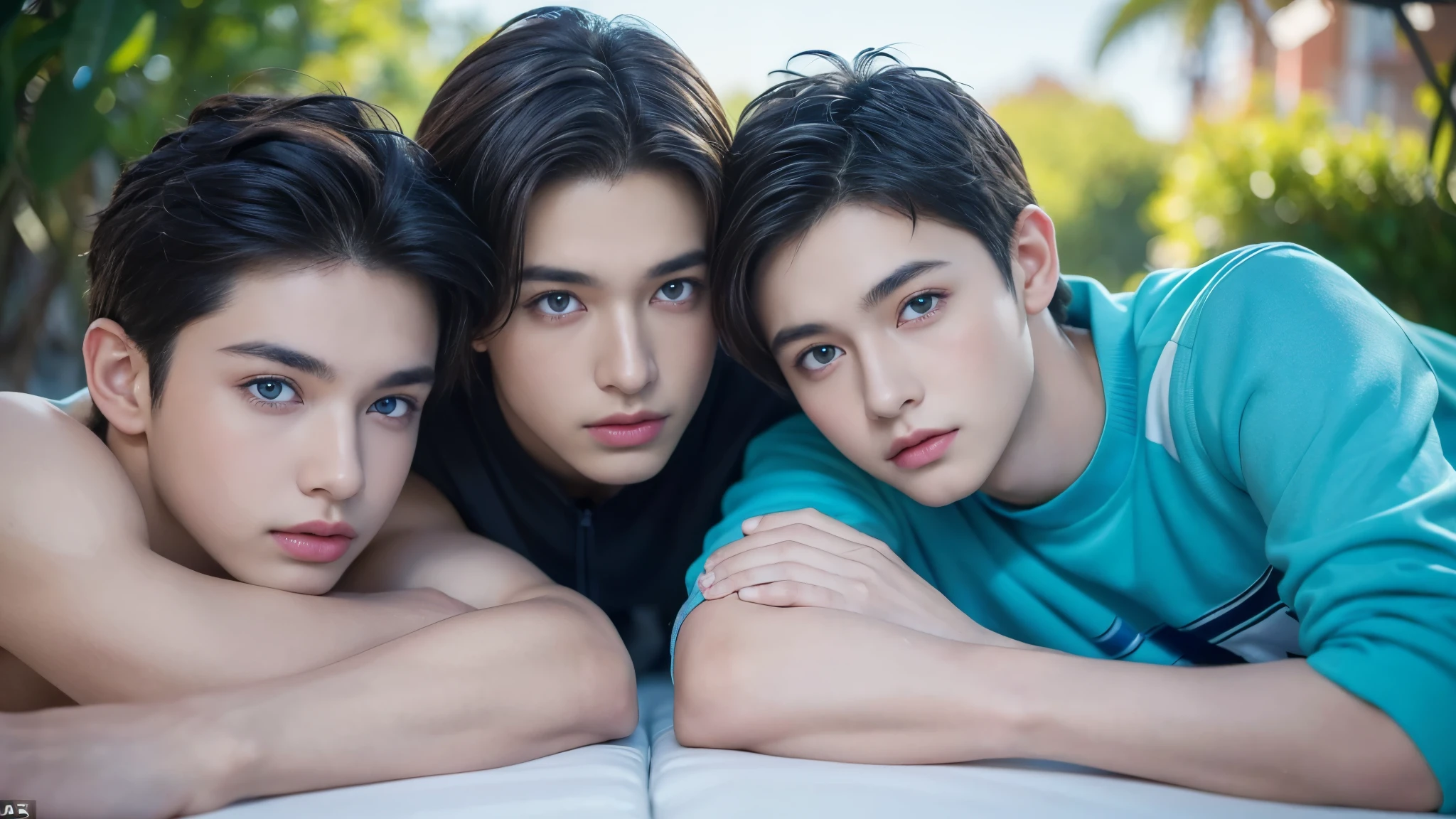 (masterpiece:1.2, highest quality), (Beautiful eyes and a beautiful face:1.3), ( Beautiful and vivid background: 1.2), Bright and contrasting colors, Highly detailed CGI, Very detailed, (((“Create an image of three attractive teenage boy with the appearance))), What catches your eye?. this&#39;thick, Soft hair falls on the forehead, Gives a stylish and casual look. Both boy have adorable blue eyes............, It looks like the sea, Full of mystery and sensuality. boy&#39;Their faces are adorned with heartfelt smiles, Express your kindness and cheerfulness. They can wear fashionable clothes, Highlight your style and personality. Create the perfect look, It will grab attention and leave a lasting impression." ((All naked、Muscular、Abdominal muscles、thick胸当て、Muscularの脚)), (((3 handsome boy are ejaculating、Painful face、Displeased、Abdominal musclesにが飛び散る)))