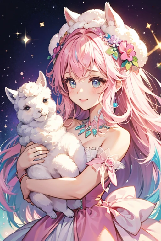 She is a light pink girl alpaca with colorful flowers in her head. SPARKLE; GLITTER